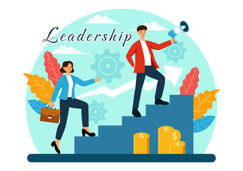Business Leadership Vector Illustration with A Businessman Leader Helping the Team Develop Themselves to Achieve Success in a Flat Cartoon Background