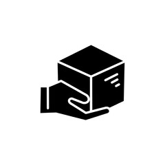 Black icon of hand holding parcel in flat style. Home delivery, fast and convenient service concept logo for websites, mobile apps and other design needs. Vector illustation