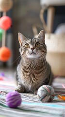 cute cat lying with its toys