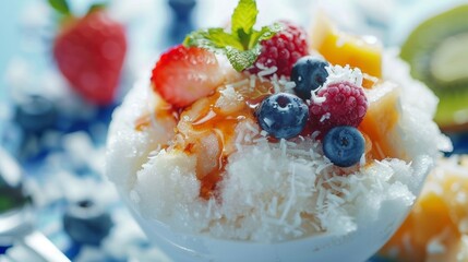 A closeup of a coconut snow cone glistening with syrup and topped with fresh fruit.