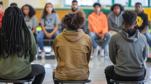 A group of students sit in a circle on stools backs to the camera as they listen intently to a guest speaker. diverse . .