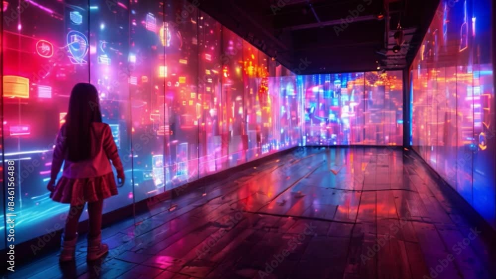 Poster a group of children interact with a large holographic display in a brightly lit play area.