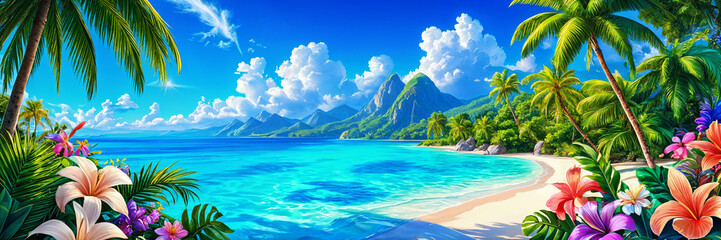 A vibrant and colorful digital illustration of a tropical beach scene, featuring palm trees, flowers, and a clear blue sky with fluffy white clouds.