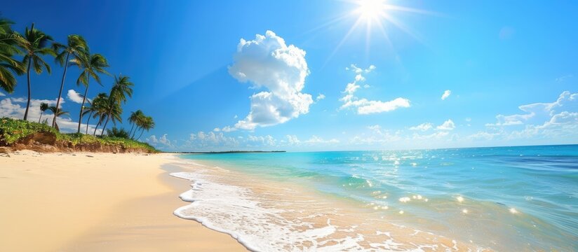 Sunny blue sky above a tropical beach