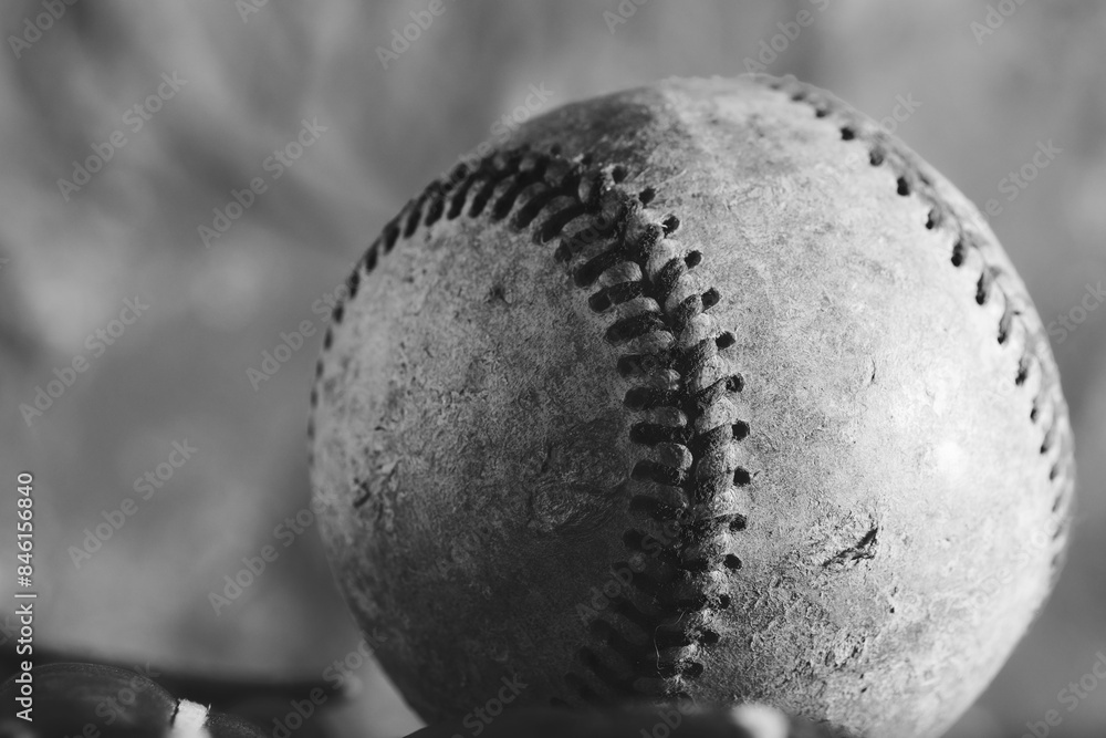 Poster used baseball ball from sports game closeup in black and white. - Posters