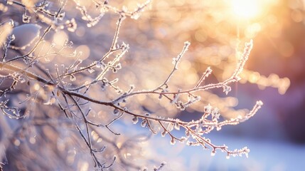 Frost covered tree branches under the sun