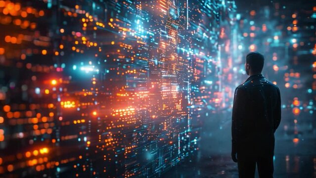 A silhouette of a person stands in front of a holographic wall displaying a news anchor presenting headlines.