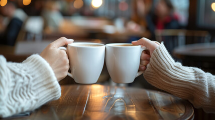 Close-up image of a man and a woman holding and clinking white coffee mugs in a cafe.