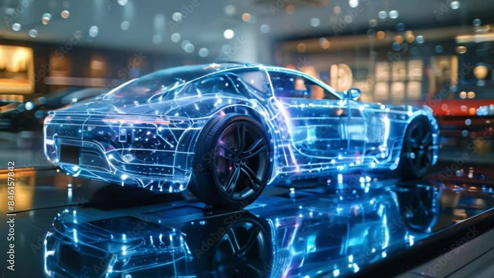 Poster a futuristic car model is displayed in a holographic showcase, highlighting its intricate design and