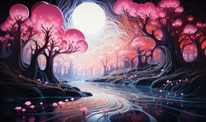 Obraz premium Dreamlike Forest with Pink Trees and a Winding River
