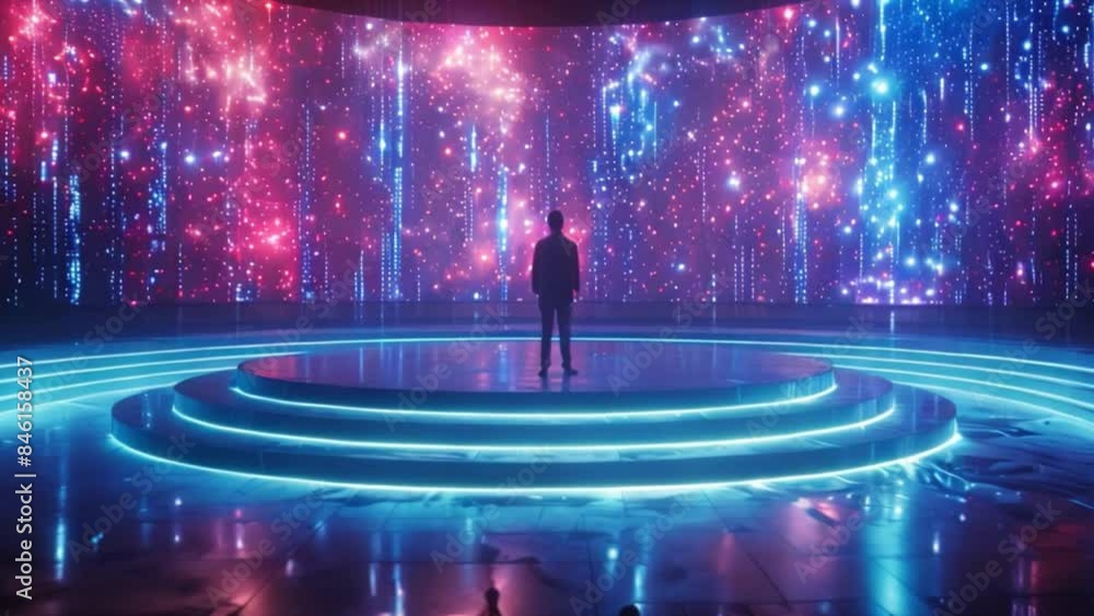 Poster a futuristic stage with a holographic backdrop and a single participant on a circular platform.