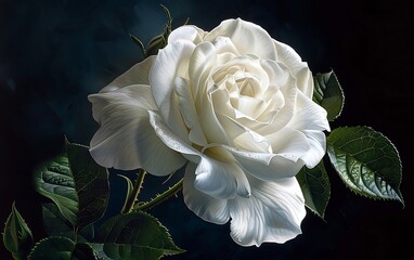 A white rose with green leaves close up shot