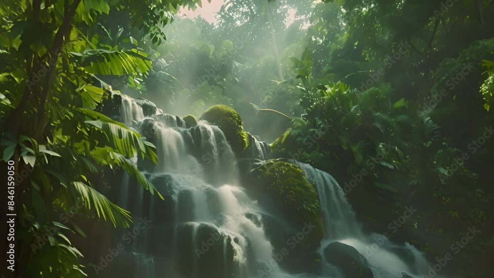 Poster a cascading waterfall flows through a dense rainforest, sunlight filtering through the canopy.
