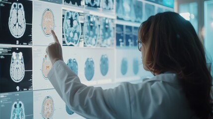 Close shot of a female doctor is standing in front of a white board, analyzing patient's condition