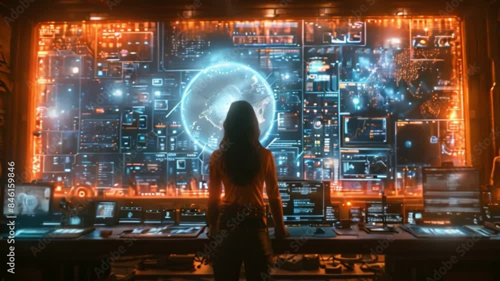 Aufkleber a futuristic classroom with a holographic projection of the earth, allowing students to explore and 