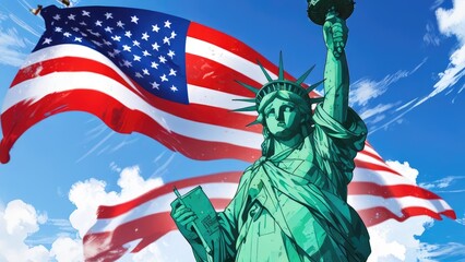 Naklejka premium American Independence Day flag creative patriotic background with liberty statue