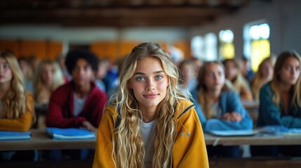 Obraz premium portrait of teenagers in school sitting at desks in classroom. Back to school concept.