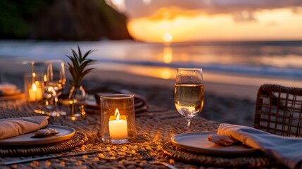 A romantic candlelit dinner on a private beach with a bonfire live music and a menu of locally sourced seafood.