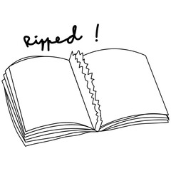 An opened book with ripped pages doodle illustration