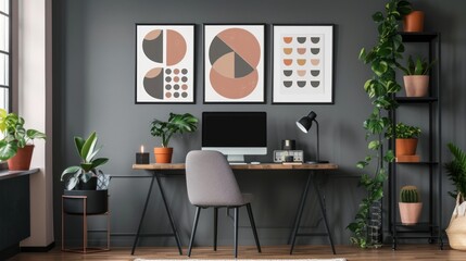 Patterned posters above desk with computer monitor in grey home office interior with plants