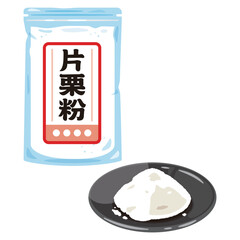 皿に盛られた片栗粉と袋入りの片栗粉