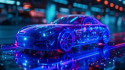 A futuristic car model is displayed as a holographic image, showcasing its design and features. The car is surrounded by vibrant lights and digital elements, creating a captivating visual experience.
