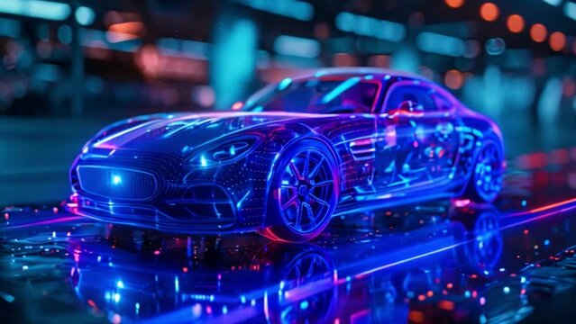 A futuristic car model is displayed as a holographic image, showcasing its design and features. The car is surrounded by vibrant lights and digital elements, creating a captivating visual experience.