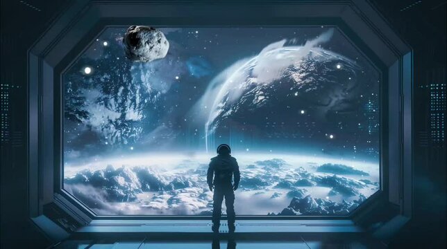Spaceman standing in the spaceship window in space. Seamless looping time-lapse 4k video animation background