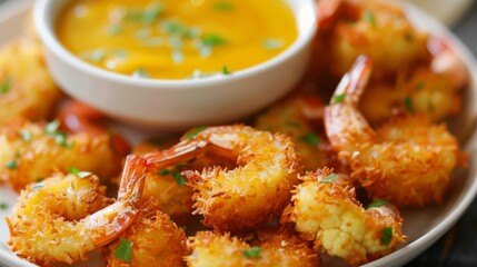 Enjoy the flavors of the beach with these crispy vegan coconut shrimp made with battered and fried cauliflower florets and served with a sweet mango dipping sauce.