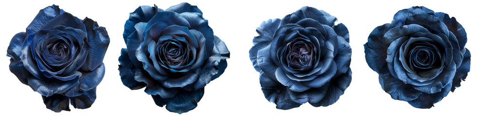 Four elegant dark blue roses in a row, isolated on a white background, showcasing detailed petals and unique color for floral design.