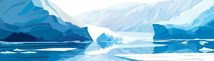 Digital illustration of icebergs floating in a serene and calm Arctic landscape with mountains and reflections in blue and white tones.