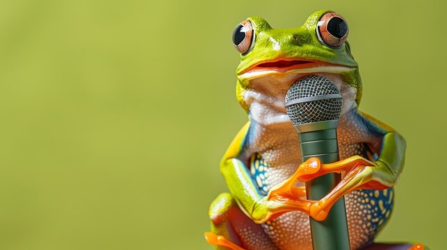 A green tree frog holds a microphone, looking ready to perform. Its big eyes and open mouth suggest it's about to sing.
