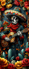 A man dressed as a skeleton playing a guitar. The image is a colorful and vibrant representation of Mexican culture