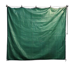 Green plastic tarp with metal grommets. Durable material for outdoor and construction purposes. Isolated on white background.