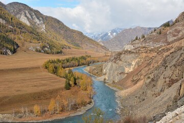 Obraz premium A beautiful turbulent river flowing through a mountain valley on a cloudy day in early autumn.