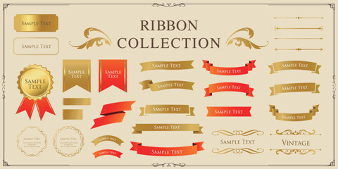 リボンの装飾デザインセットとアンティークな罫線やフレームデザイン