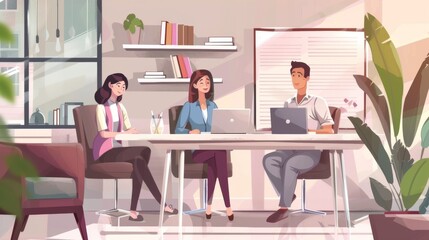 Professional business meeting with three colleagues working at laptops in a modern office setting with plants and bookshelves.