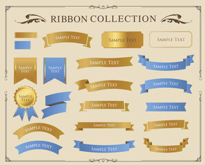 リボンの装飾デザインセットとアンティークな罫線やフレームデザイン