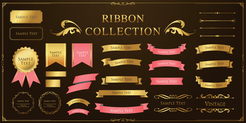 リボンの装飾デザインセットとアンティークな罫線やフレームデザイン