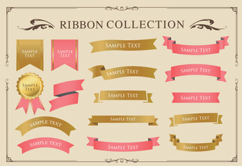 リボンの装飾デザインセットとアンティークな罫線やフレームデザイン