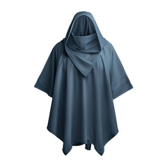 Modern dark blue hooded poncho with a stylish draped front, perfect for a contemporary and chic look.