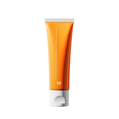 Orange sunscreen tube with SPF 50 for sun protection, isolated on white background. Ideal for skincare and health-related content.