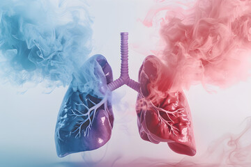 Detailed illustration of a healthy lung next to one affected by smoking, in a split design with contrasting colors to emphasize the difference.
