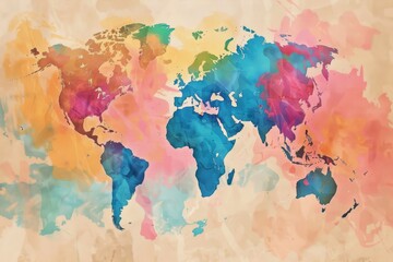 Obraz premium Vibrant watercolor world map with colorful continents, ideal for artistic and educational purposes. Beautiful global representation.