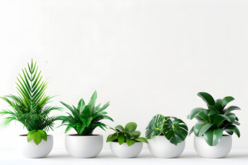 Simple arrangement of succulent plants in white pots on white background
