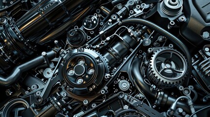 Fototapeta premium Engine and Motor Parts detail, Metallic Automotive Technology, Car Power System with Mechanical and Steel Elements