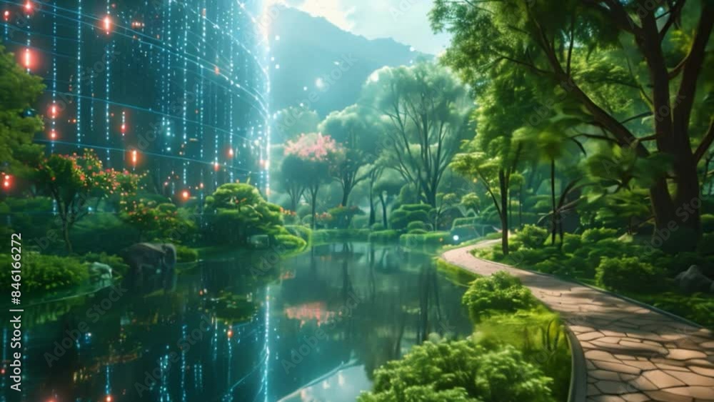 Poster a serene garden setting with a winding path leading towards a shimmering pond, reflecting the hologr
