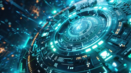 Obraz premium Glowing technology map circle futuristic symbol. Cyber security data protection business technology privacy concept.
