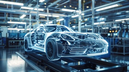 Obraz premium A digital blueprint of a car presenting its intricate design simulations within a modern automotive factory