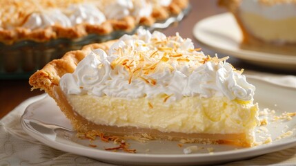 A decadent coconut cream pie with a flaky golden crust smooth coconut filling and a fluffy whipped cream topping.